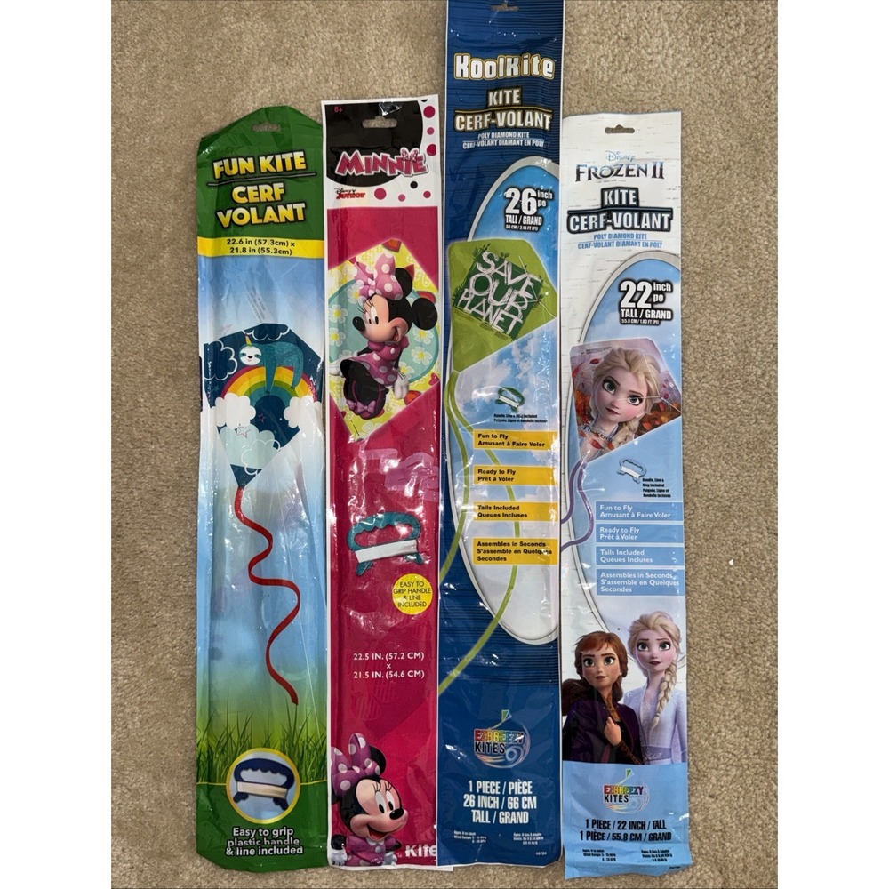 Lot 4 New Kites Disney Frozen II Minnie Mouse KoolKite Sloth Rainbow Poly Kite